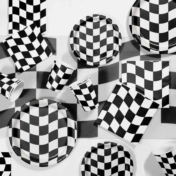 Black & White Check Party Supplies displayed on a table