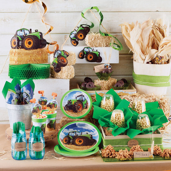 Tractor Time Party Supplies on a table