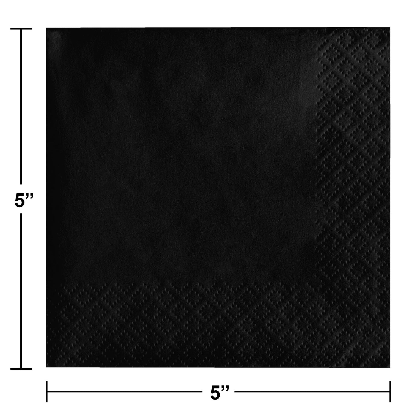 Black square napkin with dimensions indicating it is 5 inches by 5 inches.