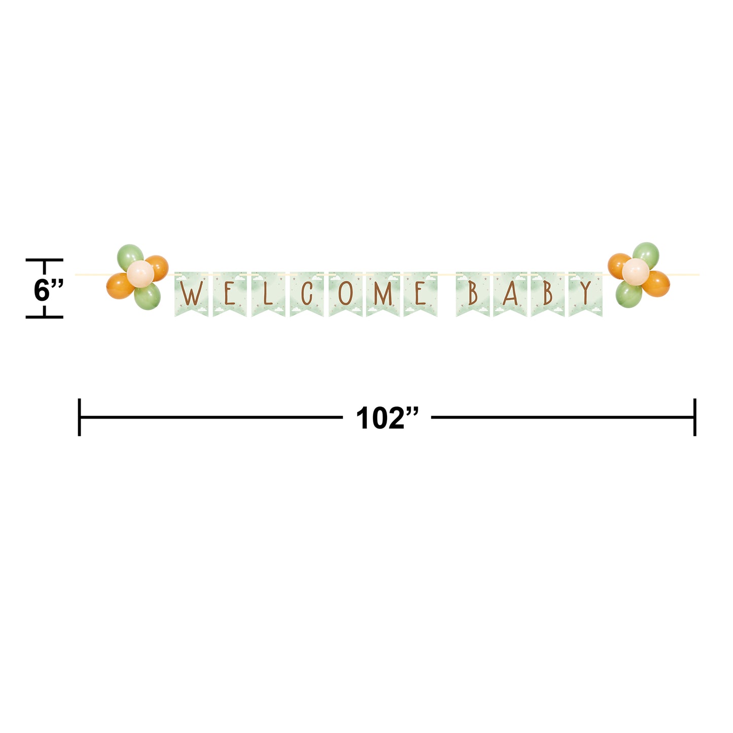 Decorative banner with 'Welcome Baby' text and floral designs, shown with measurements on a white background.