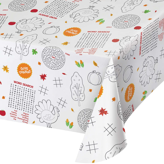 Kids Thanksgiving Activities Paper Tablecloths 12 ct. Children's tablecloth with Thanksgiving-themed designs on a white background