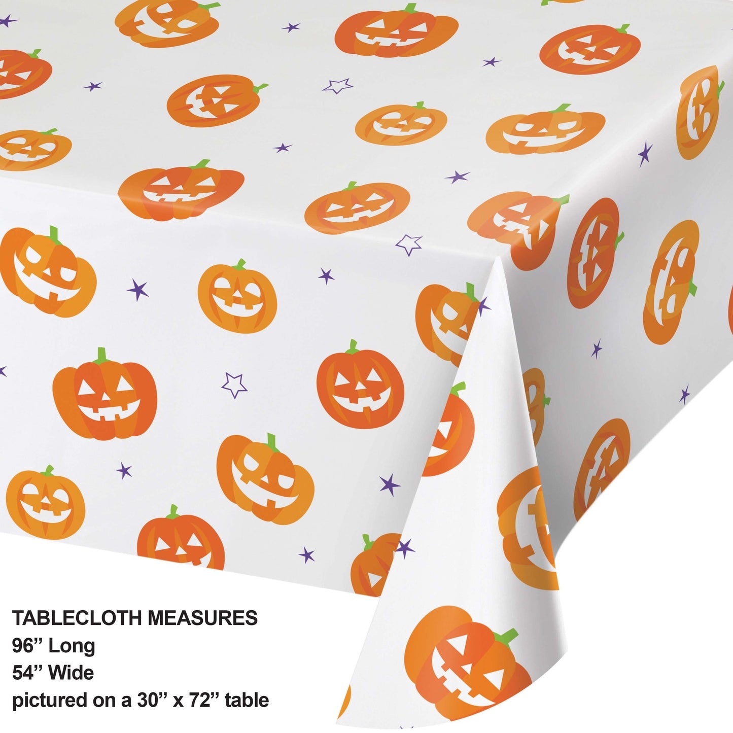 Halloween Pumpkins Kids Paper Tablecloths 12 ct. Halloween-themed tablecloth with jack-o'-lanterns on a white background