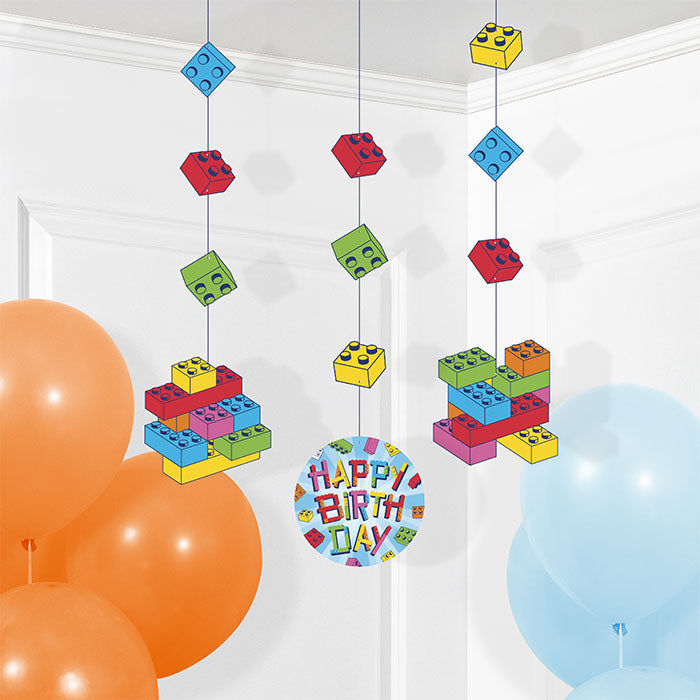 Block Bash "Happy Birthday" Toy Blocks Hanging Decorations 36 ct hanging from the ceiling