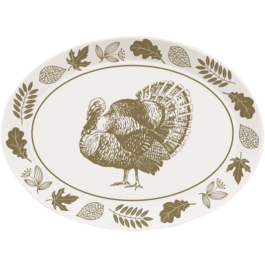 Thanksgiving Turkey Plastic Trays 12 ct. Plastic oval serving platter with a turkey and a border of leaves