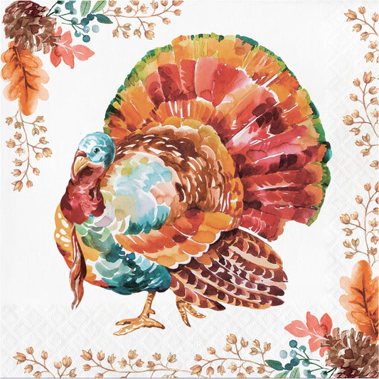 Tasteful Turkey Luncheon Napkins 192 ct. Colorful turkey illustration on a decorative background with leaves and flowers.