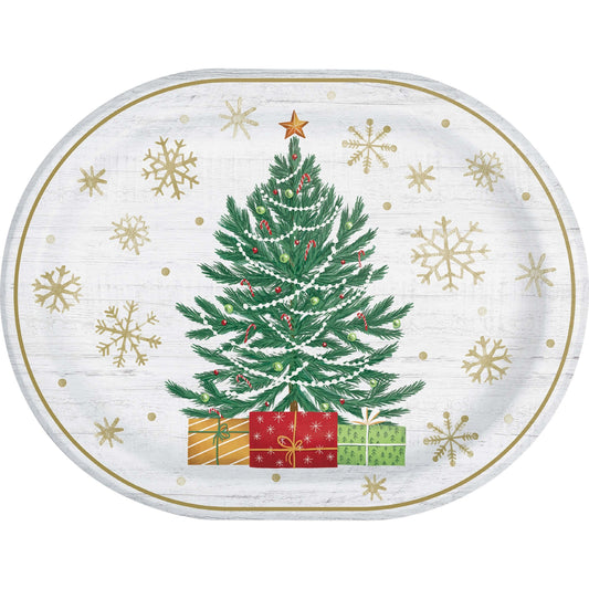 Decorative paper plate with a Christmas tree, presents and gold snowflakes on a white background