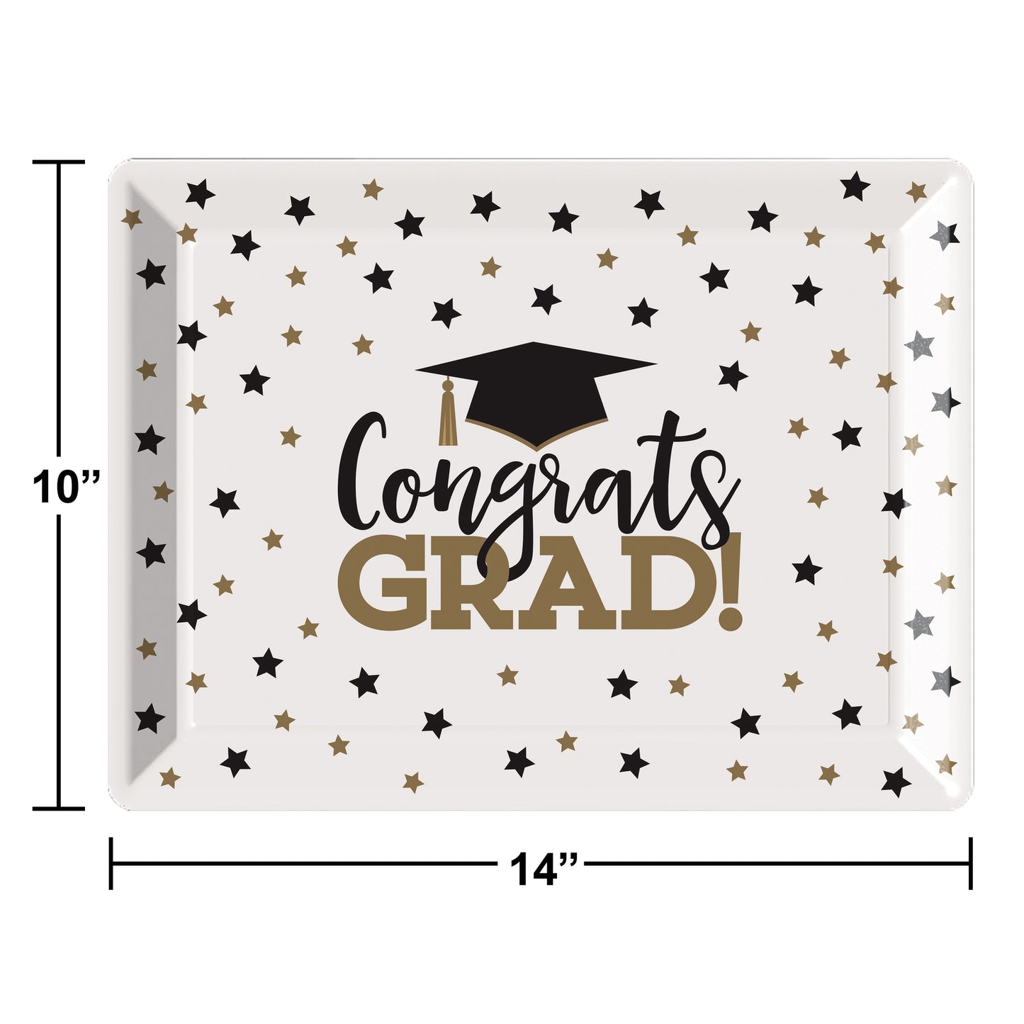 Decorative plastic tray with 'Congrats Grad!' text and star patterns, dimensions shown.