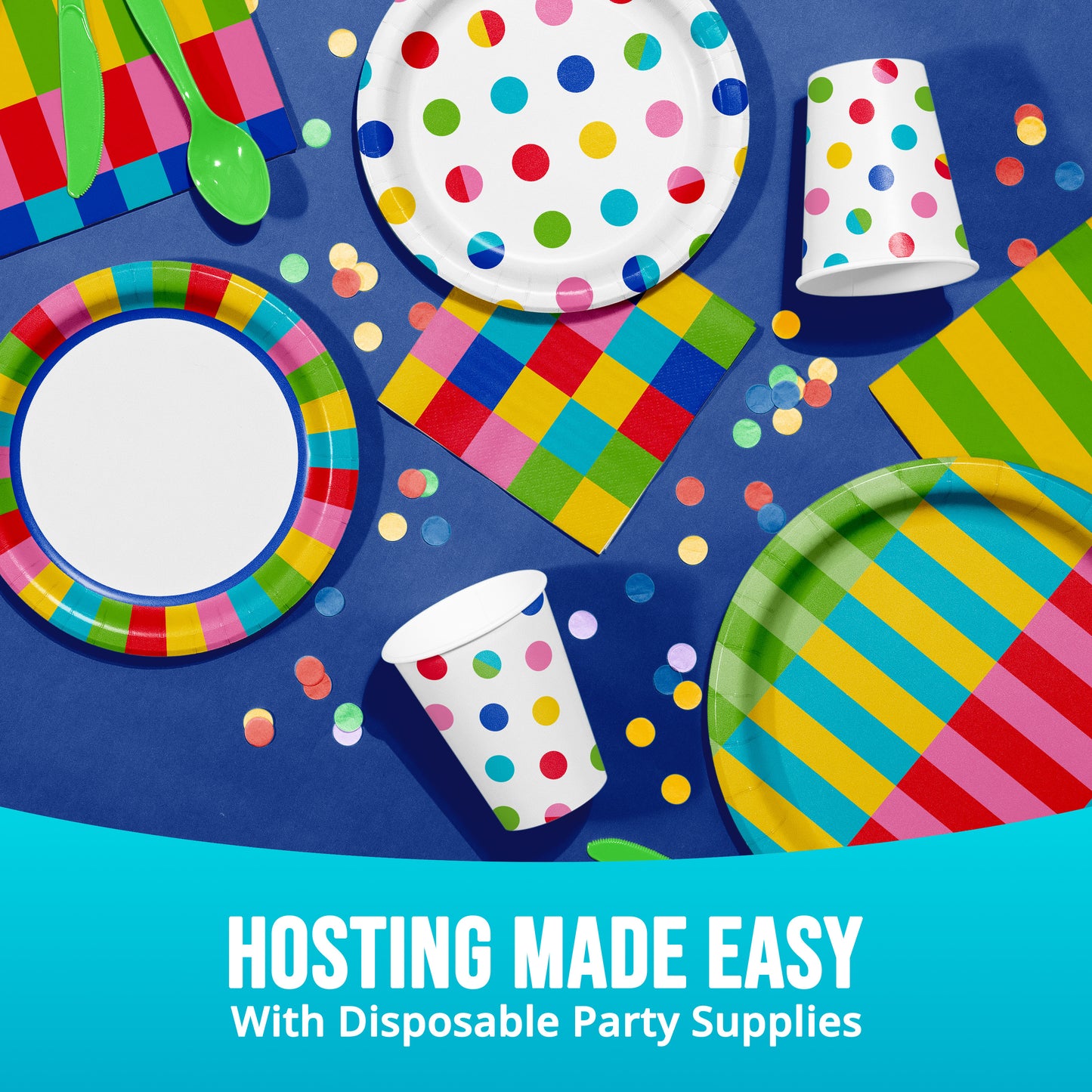 Colorful disposable party supplies including plates, cups, and napkins on a blue background with text 'Hosting Made Easy with Disposable Party Supplies'.