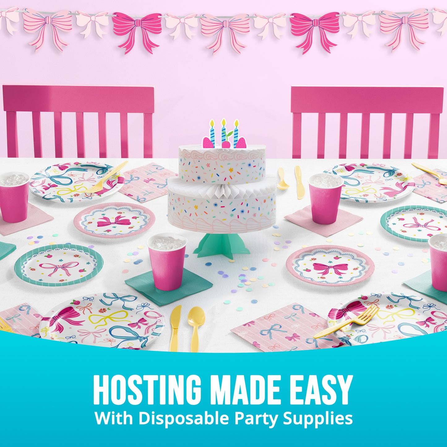 Disposable party supplies including a cake, plates, cups, and utensils on a table with pink chairs and decorative bows. Text mentioning "Hosting made easy"