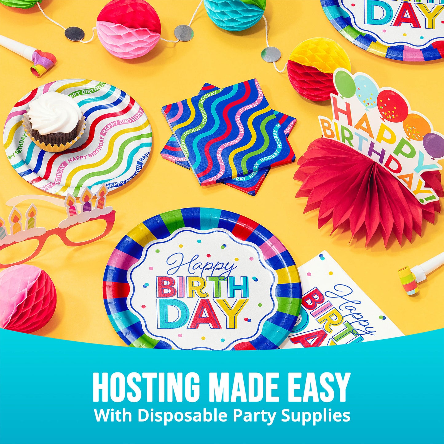 Colorful birthday party supplies including plates, napkins, and decorations on a yellow background with text 'Happy Birthday'.