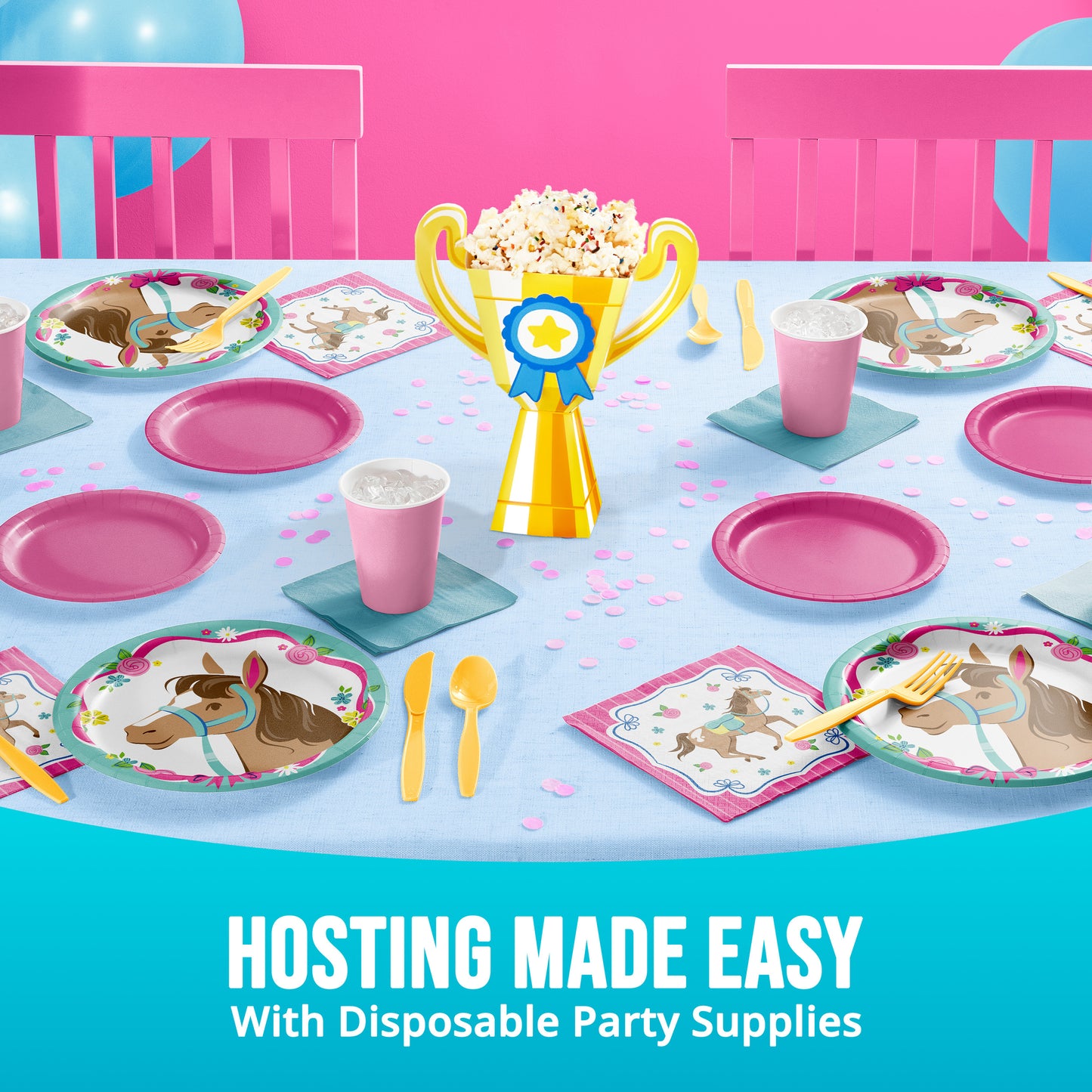 Disposable party supplies including plates, cups, and a trophy centerpiece on a table with pink and blue theme. Text with "Hosting Made Easy"