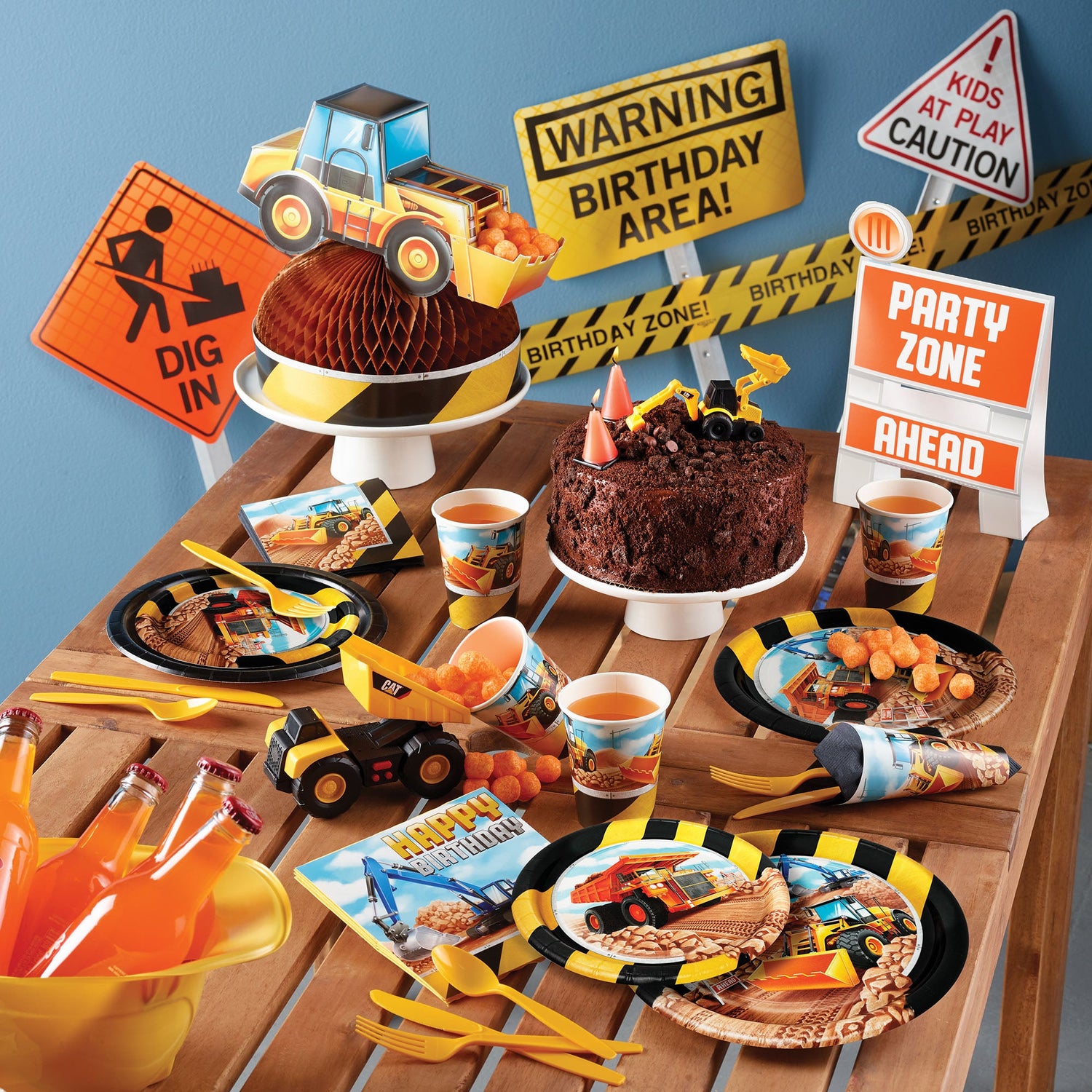 Big Dig Construction party supplies on a table