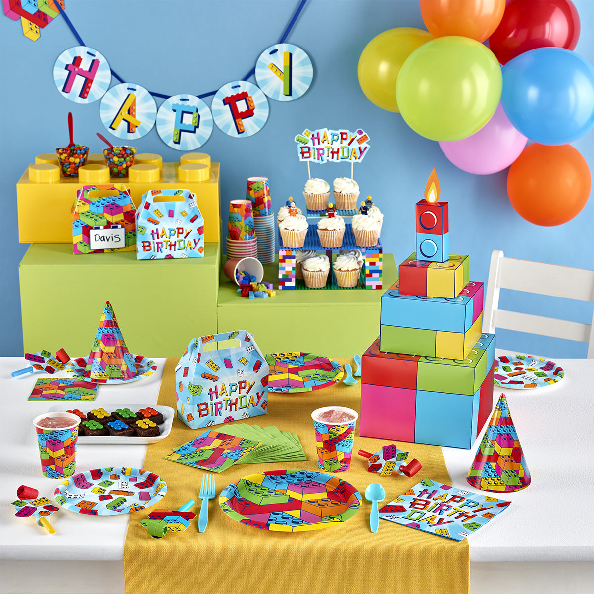 Block Bash party supplies & tableware displayed on a table