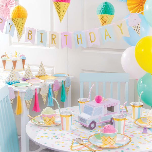 Ice Cream Party Party Supplies displayed on a table
