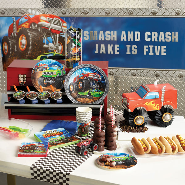 Monster Truck Party Supplies on a table