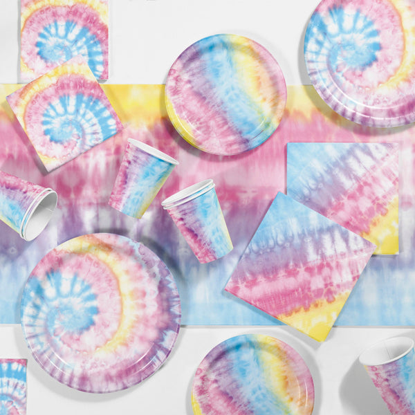 Tie Dye Party Supplies displayed on a table