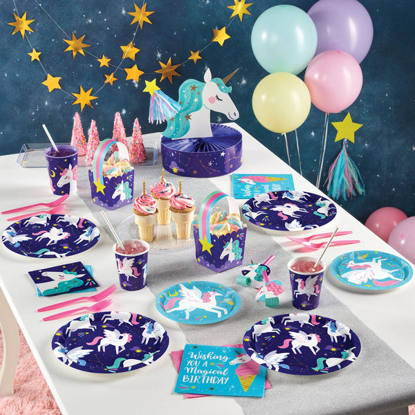 Unicorn Galaxy Party Supplies displayed on a table