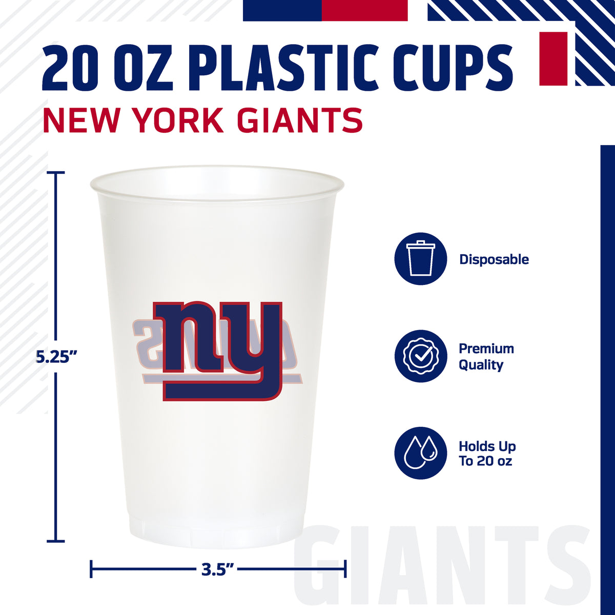 A 20 oz plastic cup featuring the New York Giants logo, shown on a white background with dimension markings of 5.25 inches in height and 3.5 inches in width