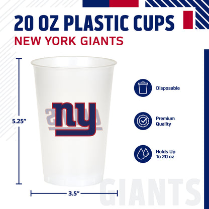 A 20 oz plastic cup featuring the New York Giants logo, shown on a white background with dimension markings of 5.25 inches in height and 3.5 inches in width