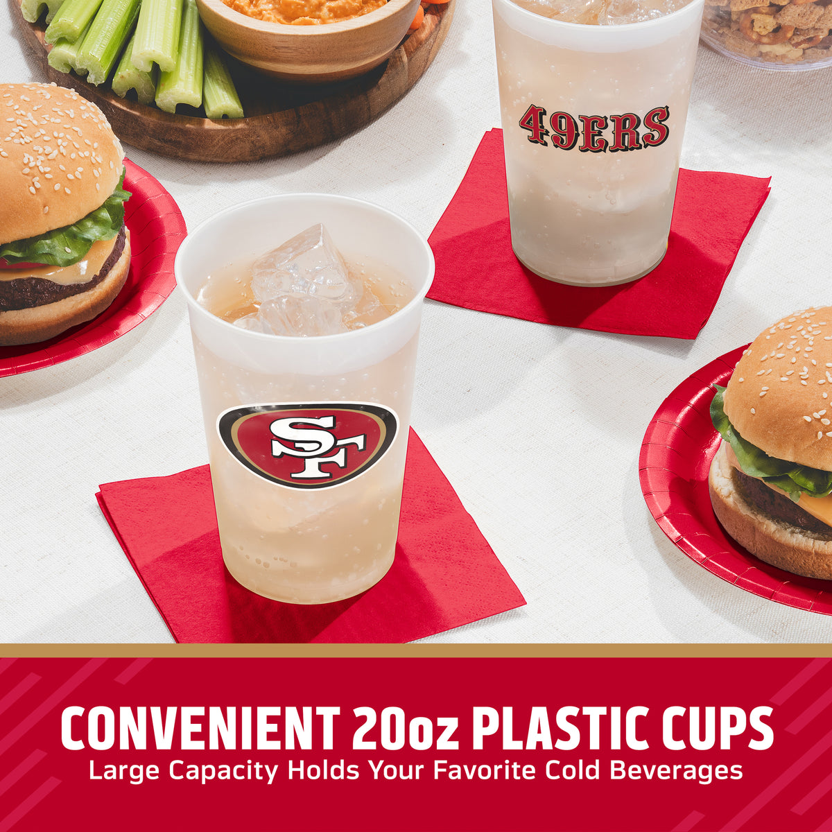 Two clear plastic beverage cups with San Francisco 49ers branding, shown on red napkins with burgers and celery in the background. Text at the bottom reads 'CONVENIENT 20oz PLASTIC CUPS Large Capacity Holds Your Favorite Cold Beverages.