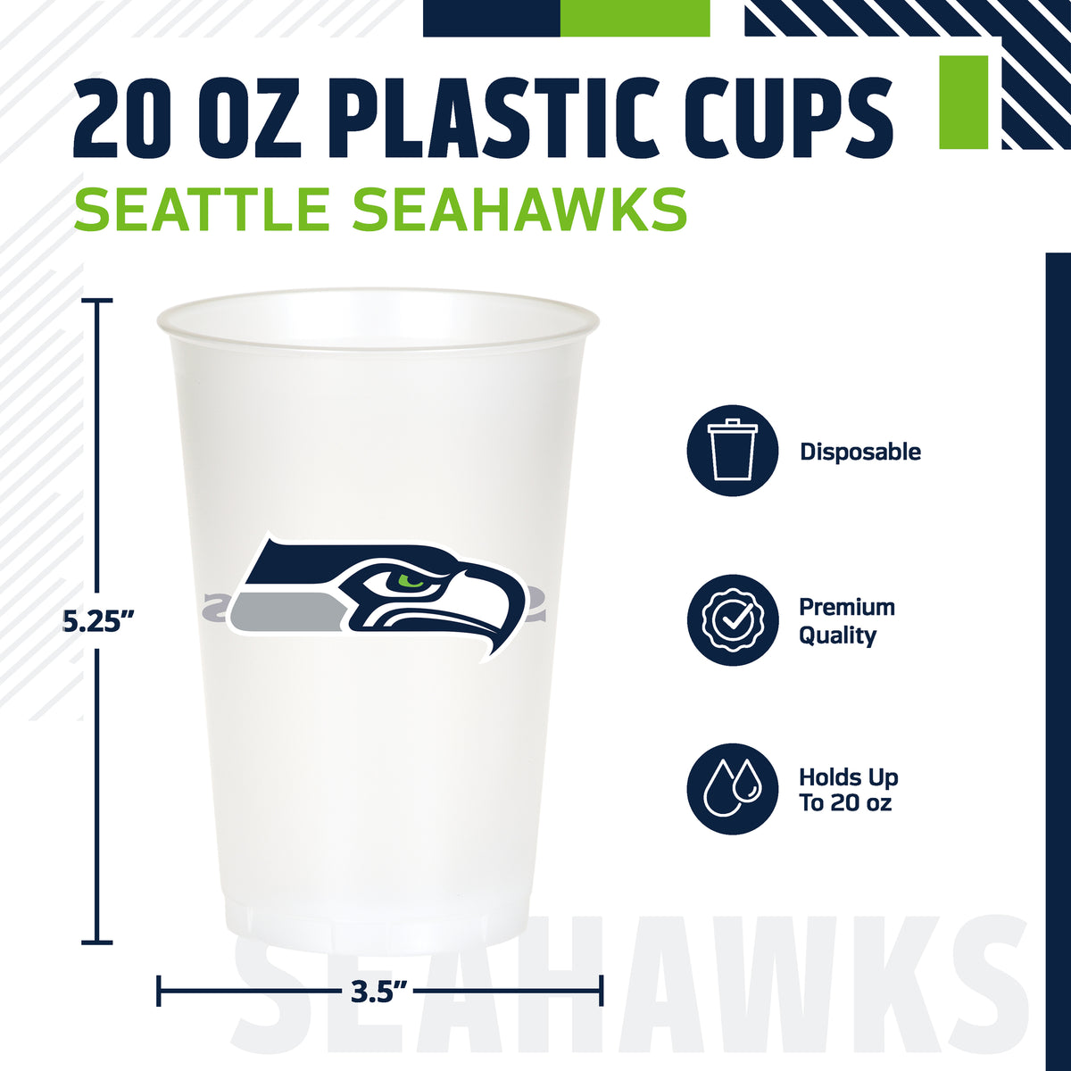 A 20 oz disposable plastic cup featuring the Seattle Seahawks logo, shown with height and width dimension markings of 5.25 inches and 3.5" wide.