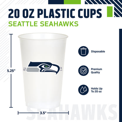 A 20 oz disposable plastic cup featuring the Seattle Seahawks logo, shown with height and width dimension markings of 5.25 inches and 3.5" wide.