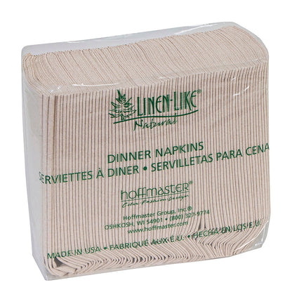 Pack of Hoffmaster dinner napkins with 'Linen-Like Natural' branding on a white background