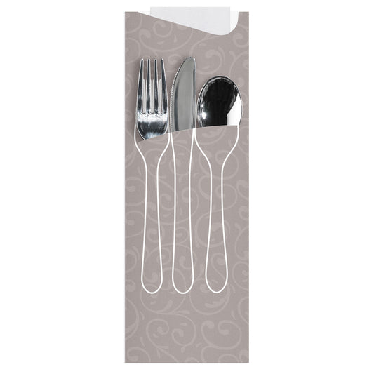 Set of silver cutlery including a fork, knife, and spoon on a decorative gray pouch with swirl design