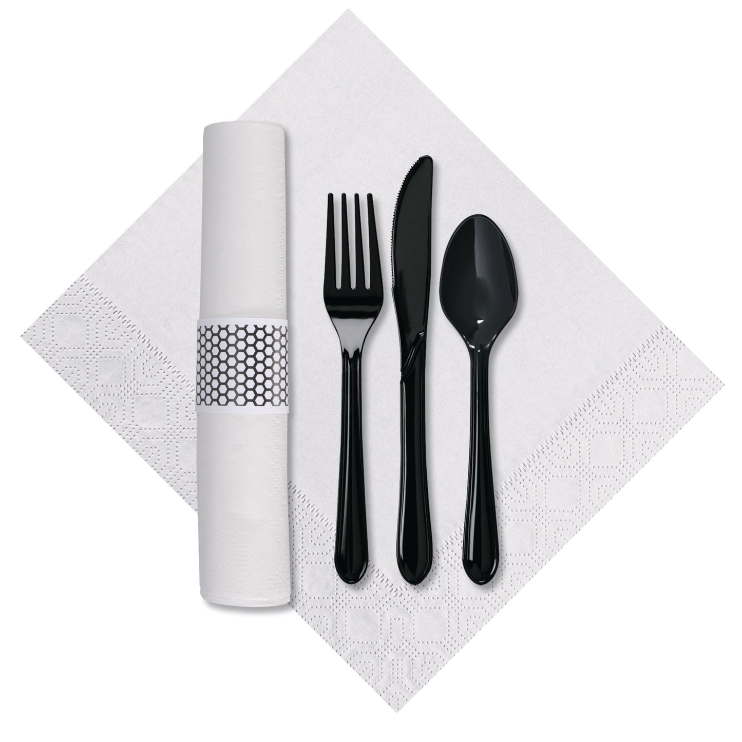 Black cutlery set on a white napkin with a white and black hexagon desig napkin holder.