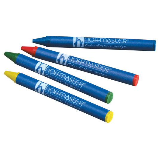 Four colorful crayons with 'Hoffmaster' branding on a white background