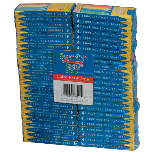 Stack of boxed colored crayons refill packs on a white background