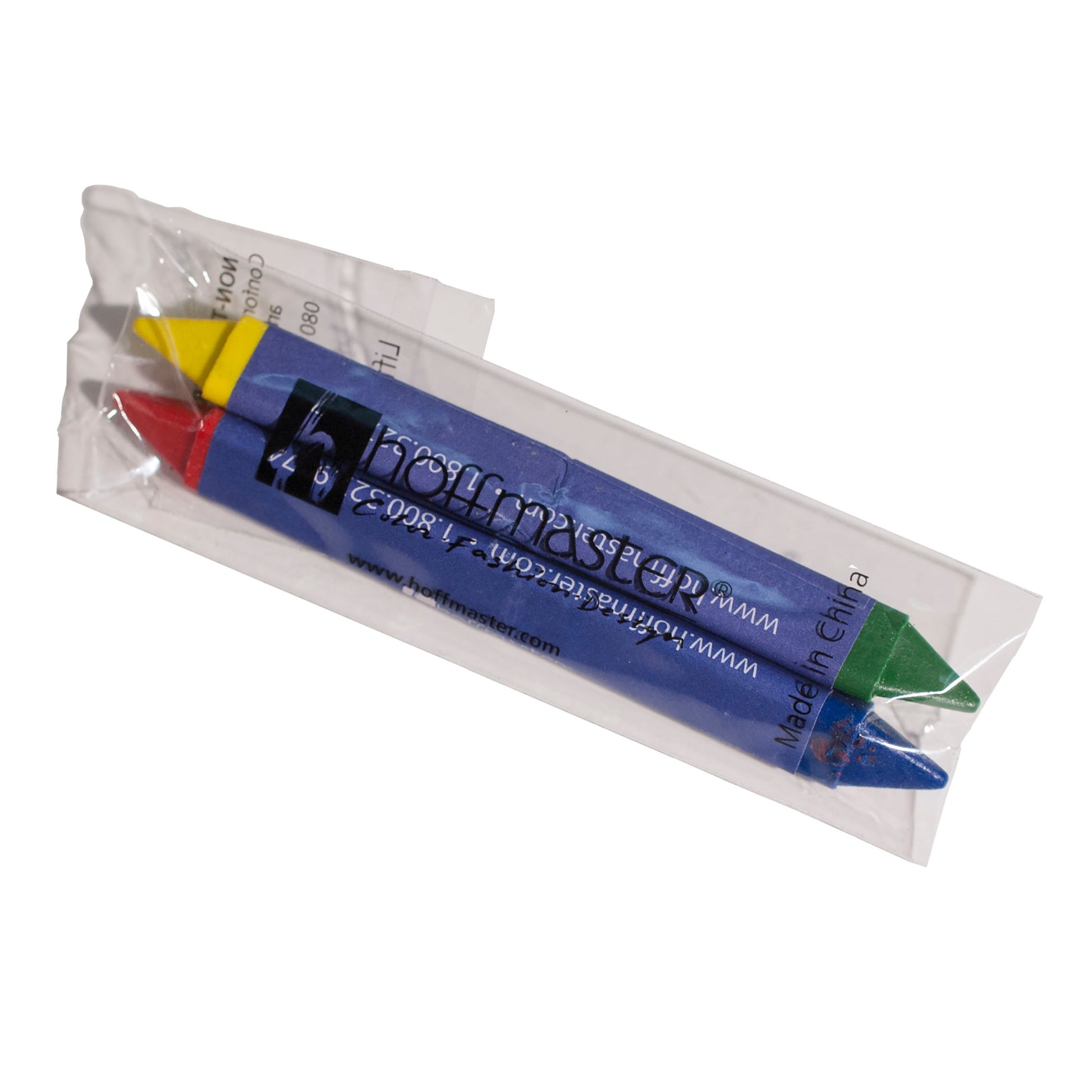 Set of colorful triangular crayons in a clear plastic package with 'hoffmaster' branding.