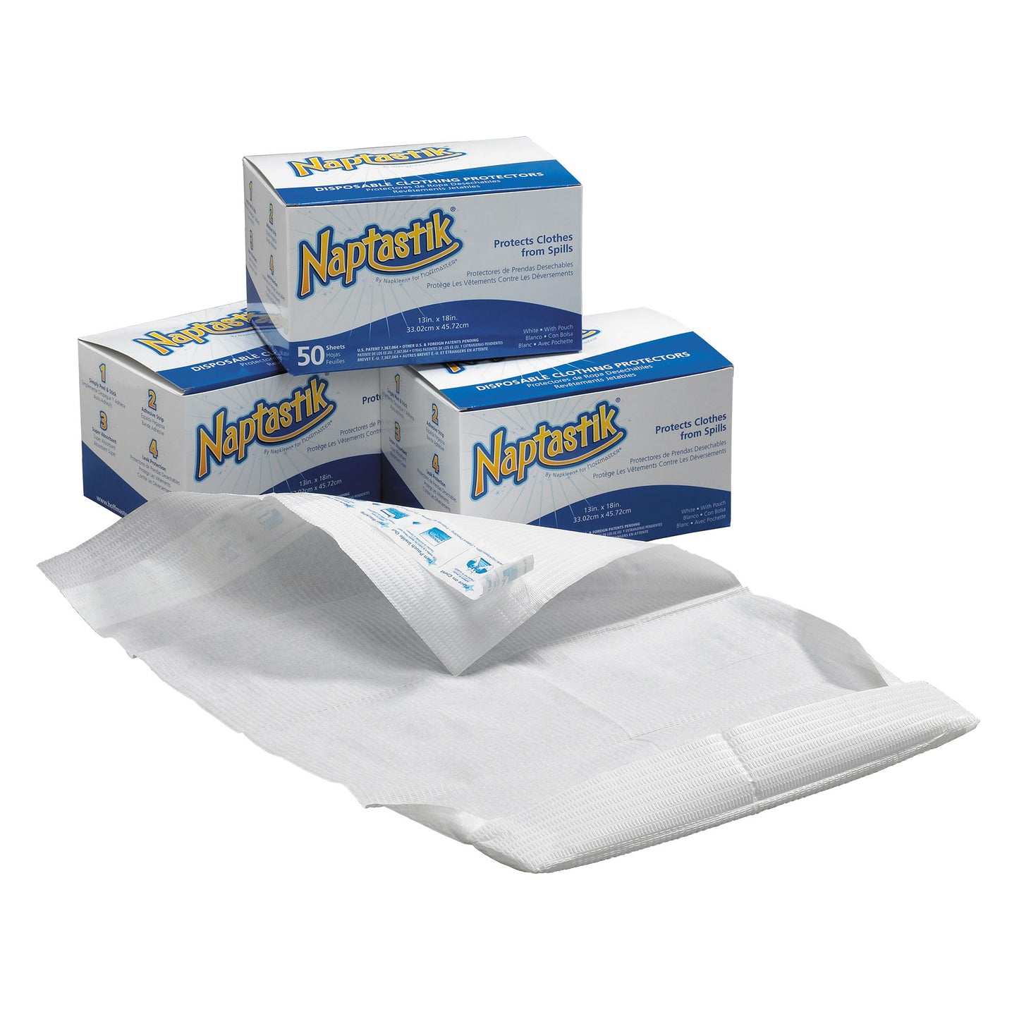 Naptastik packaging with white clothing protectors on a white background