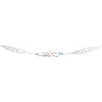 White crepe streamer with multicolored "Happy Birthday" and stars on a white background