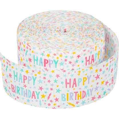 White crepe streamer with multicolored "Happy Birthday" and stars