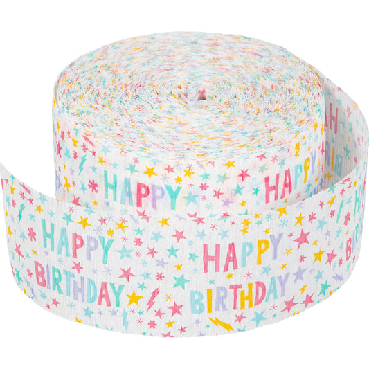 White crepe streamer with multicolored "Happy Birthday" and stars