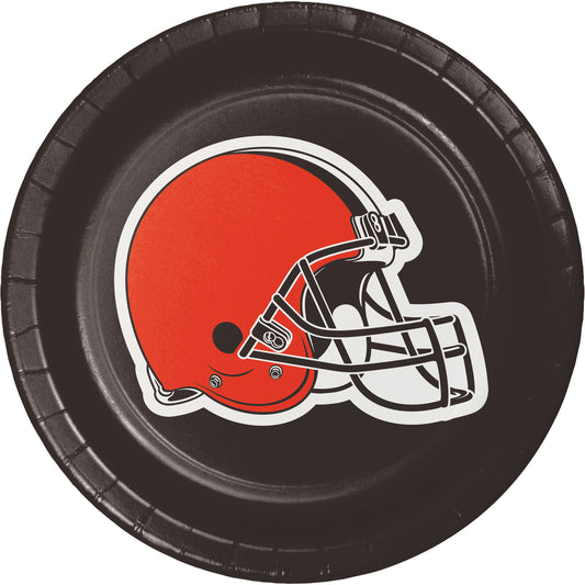 Brown paper plate with an orange football helmet design on a white background