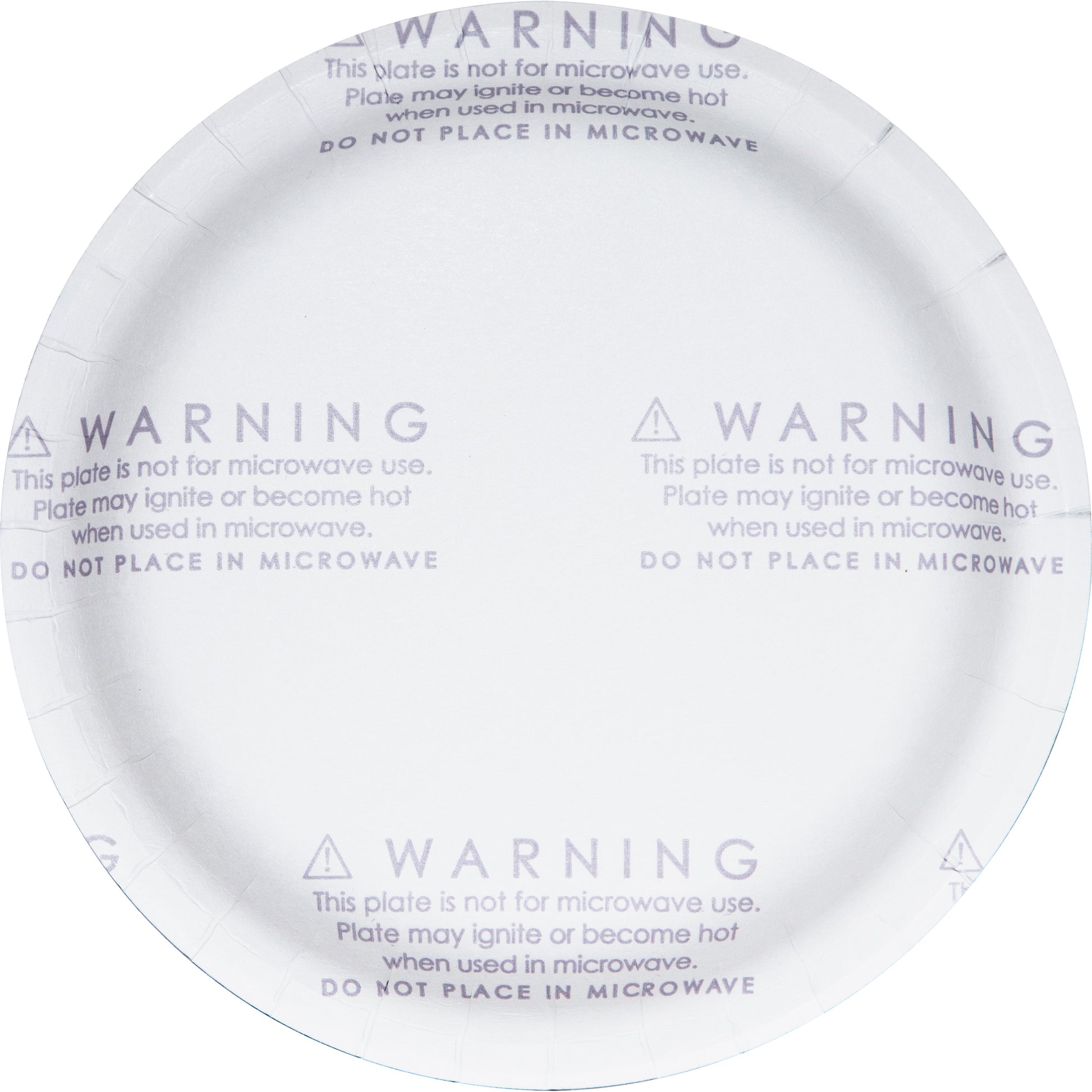 Warning label on bottom of paper plate with "This plate is not for microwave use" text