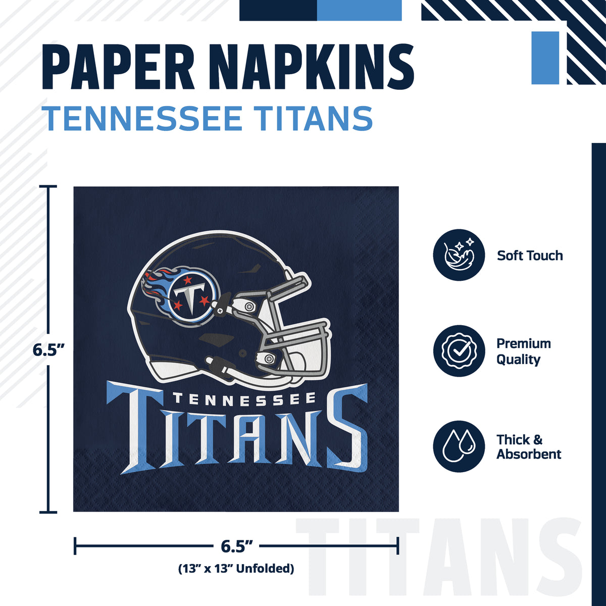 Paper napkins featuring the Tennessee Titans logo, shown with product dimensions and feature callouts on a white background.