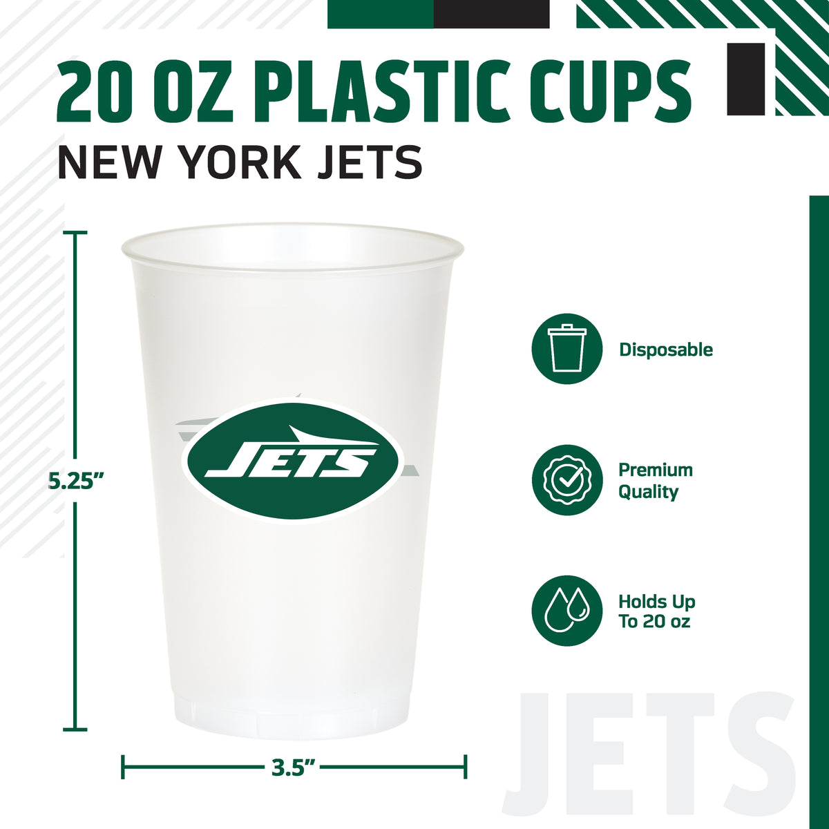 A 20 oz white plastic cup with a green and white New York Jets logo, shown on a white background with measurement lines indicating 5.25 inches tall and 3.5 inches wide.