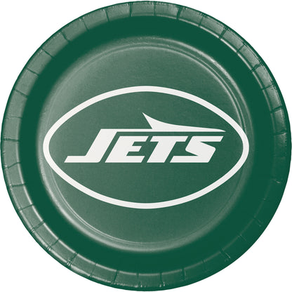 Green paper plate with 'Jets' logo on a white background