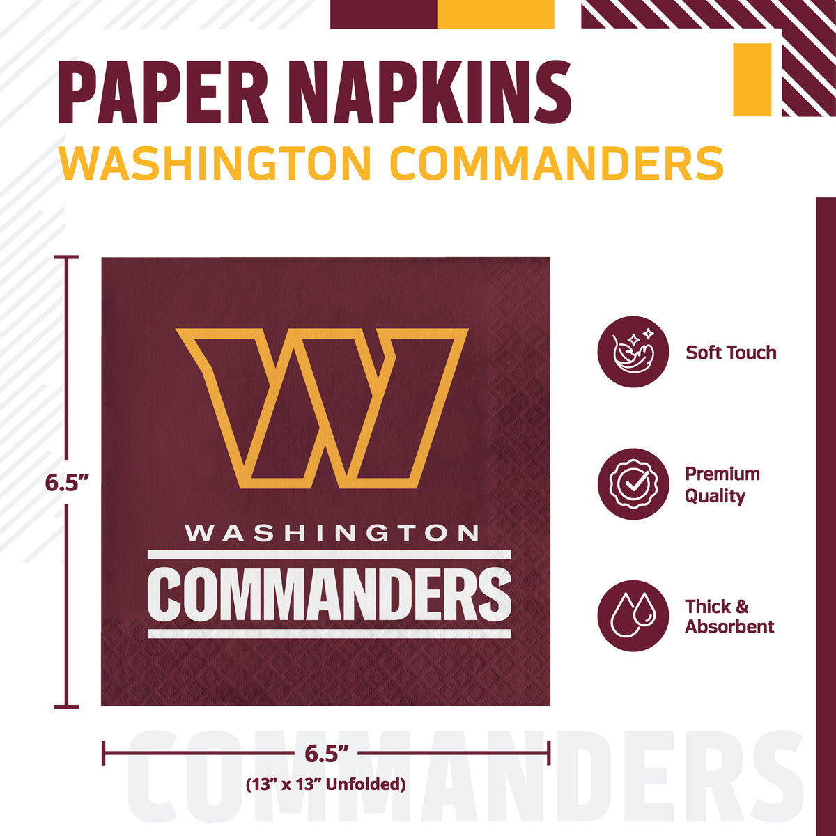 Washington Commanders paper napkins size and feature graphic. The product shown is a square maroon napkin with a large gold 'W' logo and 'WASHINGTON COMMANDERS' text.