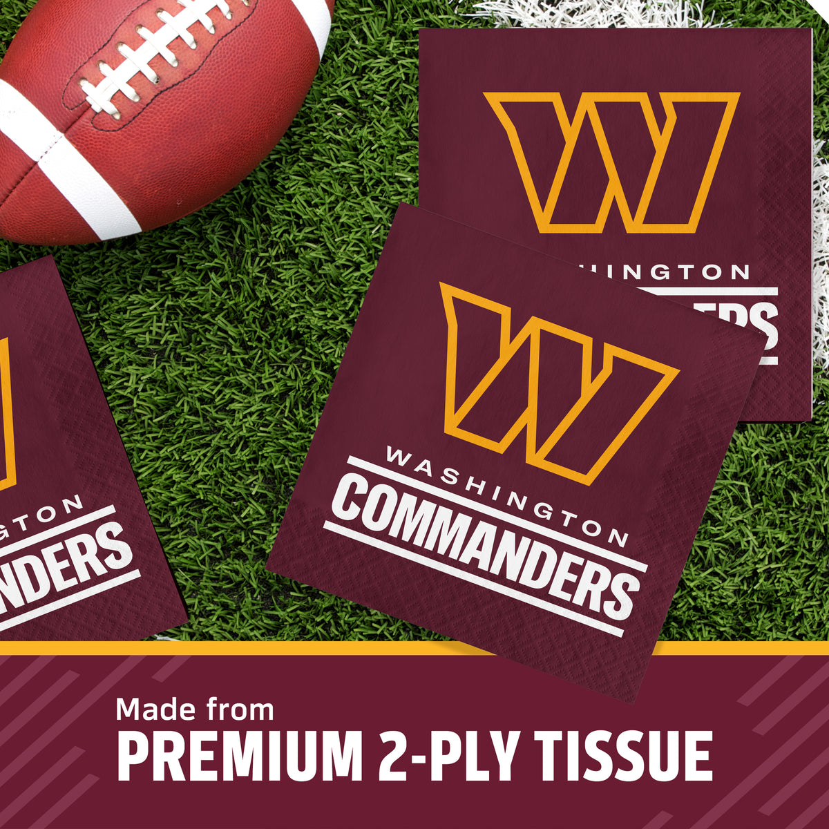 Washington Commanders premium 2-ply tissue paper squares arranged on artificial grass with a football prop, plus a banner reading 'Made from PREMIUM 2-PLY TISSUE'.