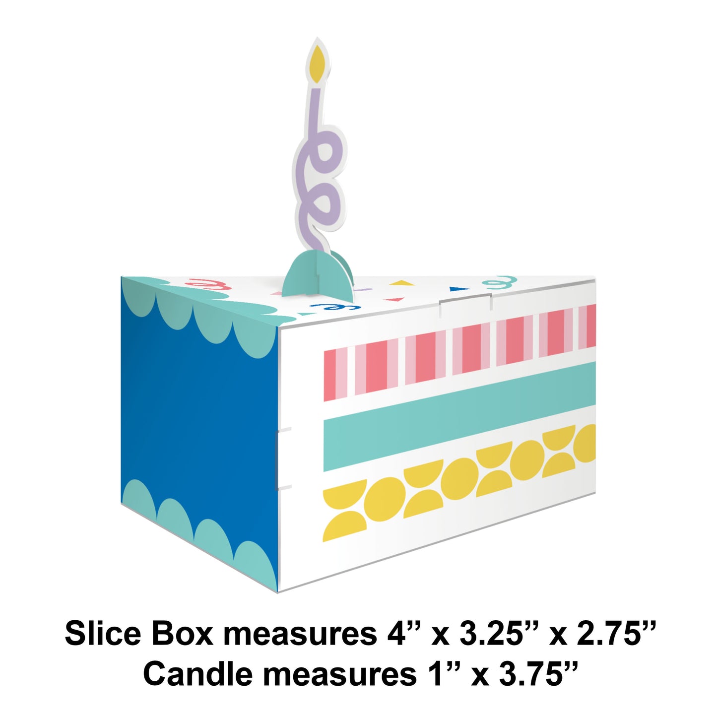 Party Patterns Cake Centerpiece with Favor Boxes 96 ct Slice Favor Box Dimension Image
