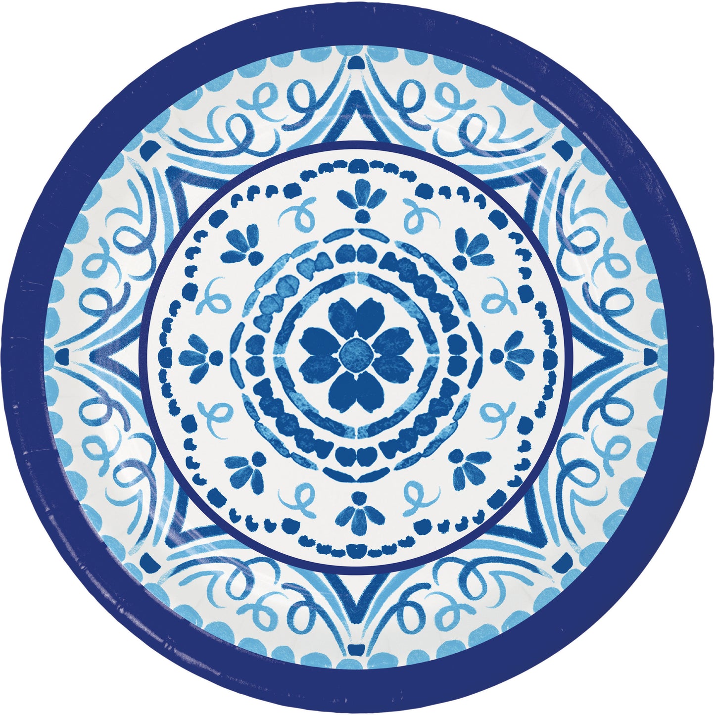 Decorative paper plate with blue and white decorative pattern