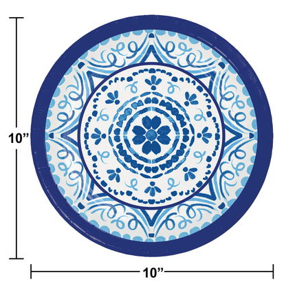 Decorative paper plate with blue and white decorative pattern on a white background. Dimensions included.