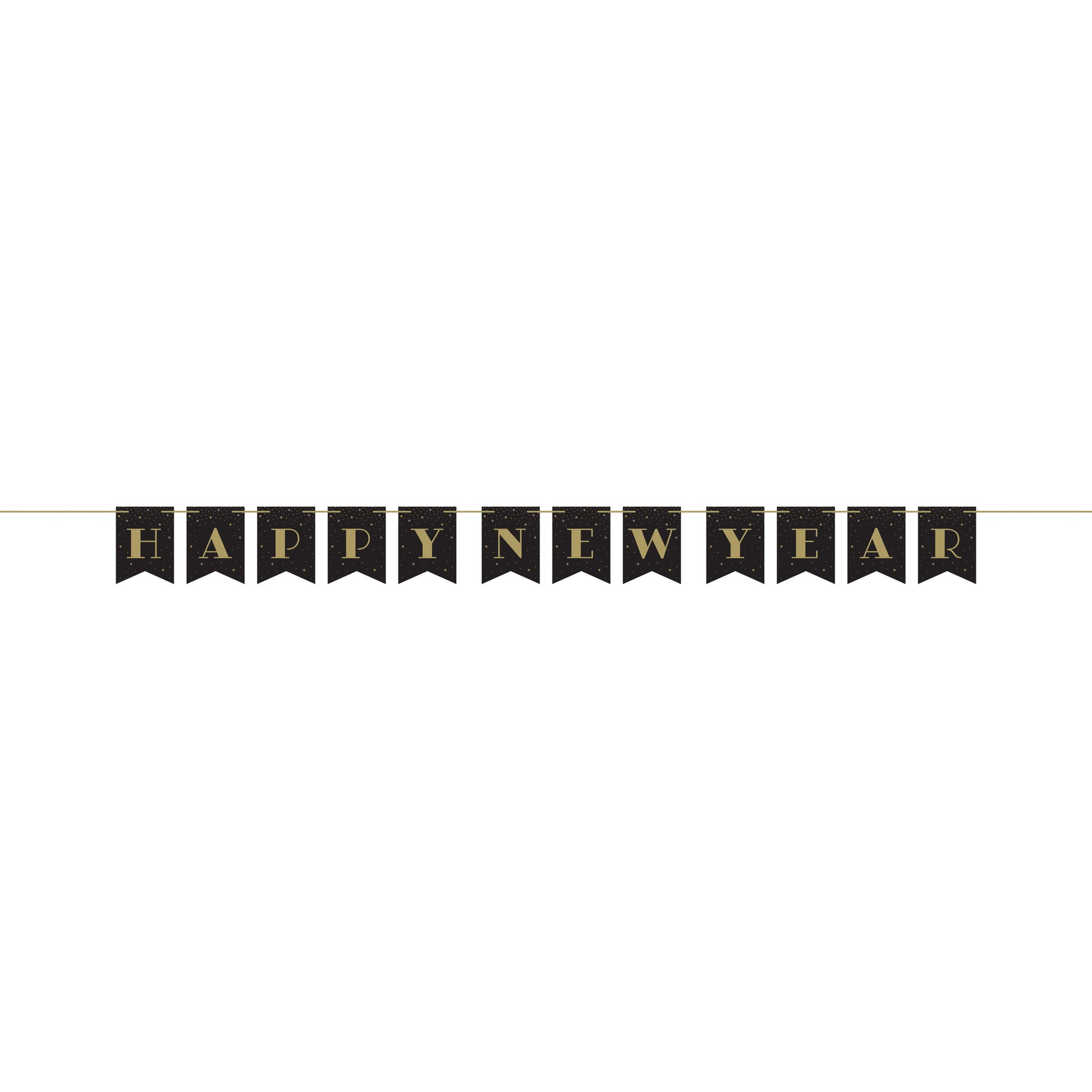 Black banner with gold 'Happy New Year' on a white background