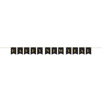 Black banner with gold 'Happy New Year' on a white background