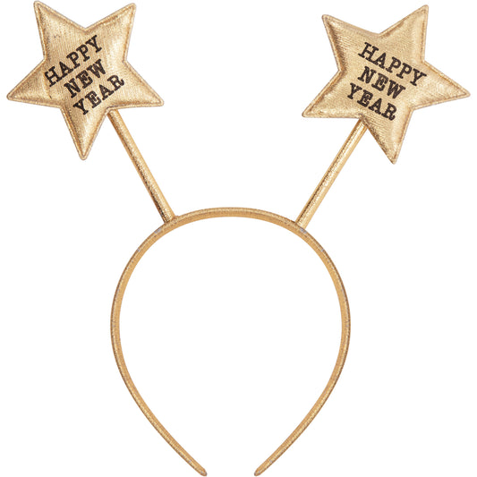 Gold headband with 2 stars featuring 'Happy New Year' in black text on a white background