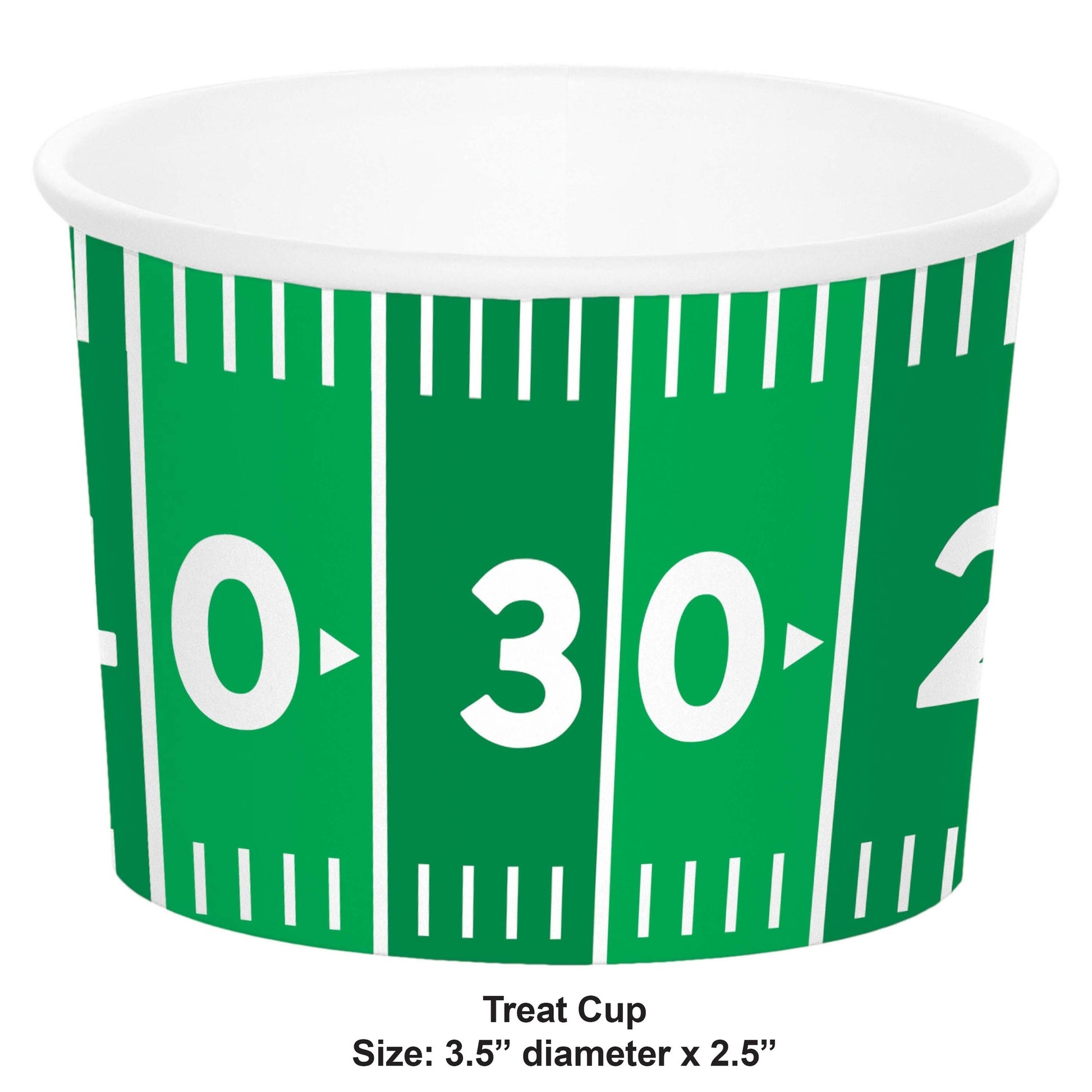 Football Field Paper Treat Cups 96 ct. Green treat cup with white numbering and stripes on a white background
